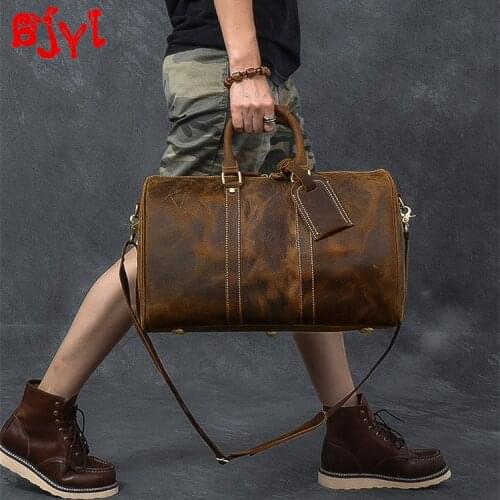Business Men Handbags Trip Large-capacity Travel Bag Luggage Bag Male Bucket Bags Head Layer Cowhide Retro Crazy Horse Leather