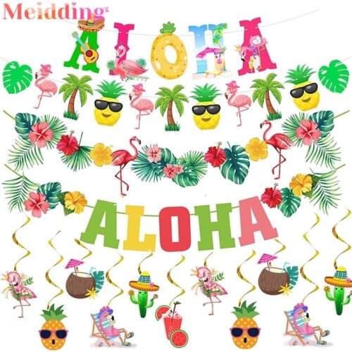 Flamingo ALOHA Happy Birthday Banner Bunting Garland Hawaii Party Decor Summer Tropical Party Luau Aloha Birthday Party Supplies