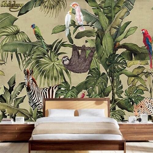 Beibehang Custom Photo Wallpaper Murals Vintage Rainforest Animals Palm Leaves Living Room Tv Background Wall papel de parede