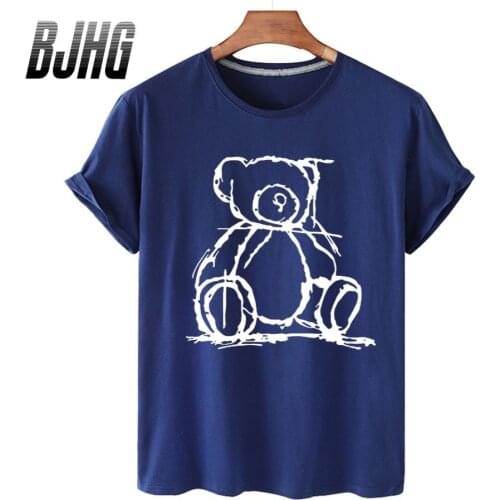 100% Cotton Hand-painted Line Bear Print Short-sleeved T-shirt Female Half-sleeved Summer Casual Oversized T-shirt Ladies Shirt