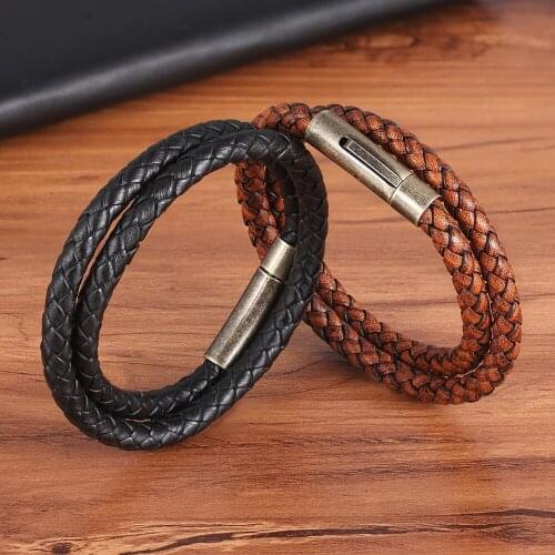 Classic Stainless Steel Bracelet Men Simple Style Black Color Leather Bangles For Women Double-layer Design DIY Customization