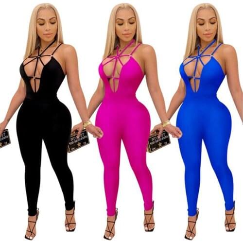 Women Halter Hollow Bodysuit Streetwear Summer Sexy Suspender Jumpsuit Fashion Solid Color Sexy Deep V-neck Tight Long Jumpsuit