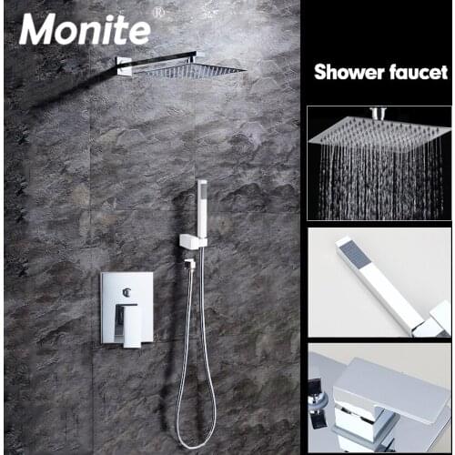 Monite Chrome 12 Inch Ultr-thin Wall Mounted Rain Shower Set Luxury Square Shower Head Shower Set with Hand Shower