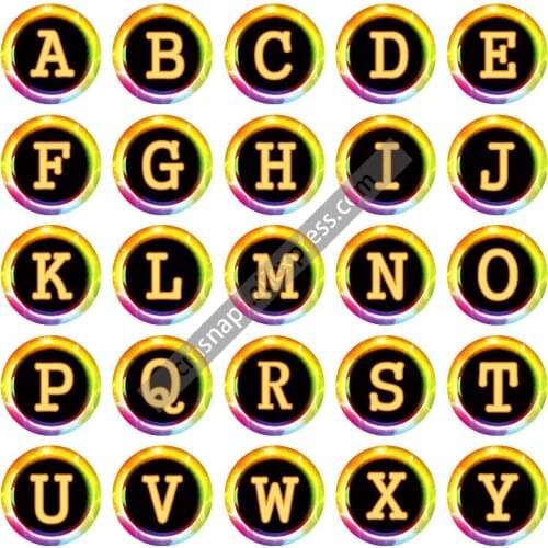 New A-Z Alphabet Letters pattern 26pcs 18mm snap buttons mixed round photo glass cabochon style for snap button jewelry