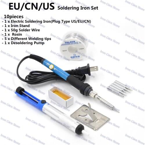 Soldering Iron EU CN US Plug 110/220V 60W Kit Temperature Adjustable With 5 Soldering Tips Solder Wire Iron Stand Rosin Sucker