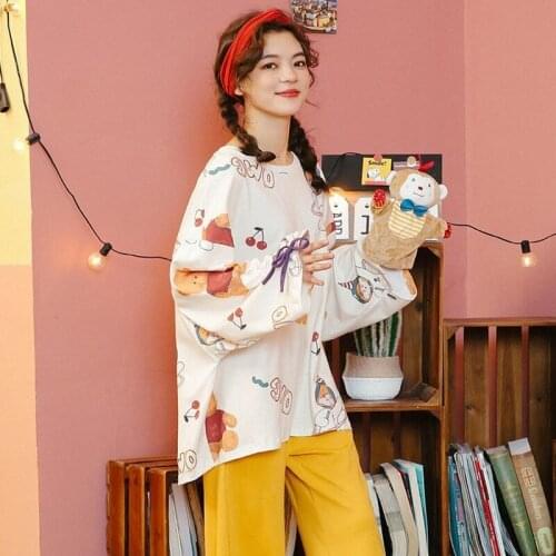 Pajamas Womens Suit Spring Loose Cute Inside Long-sleeved Large Size Can Be Worn Out of The House Suit Womens Cotton Clothing