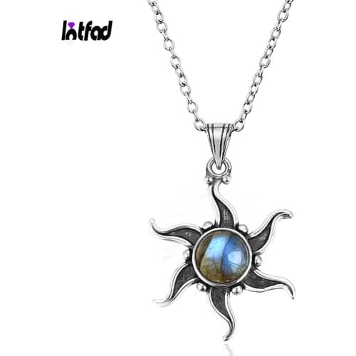 Natural Labradorite 925 Sterling Silver Jewelry Pendants Necklaces Sun Shape Vintage Moonstone Fashion Women Pendants