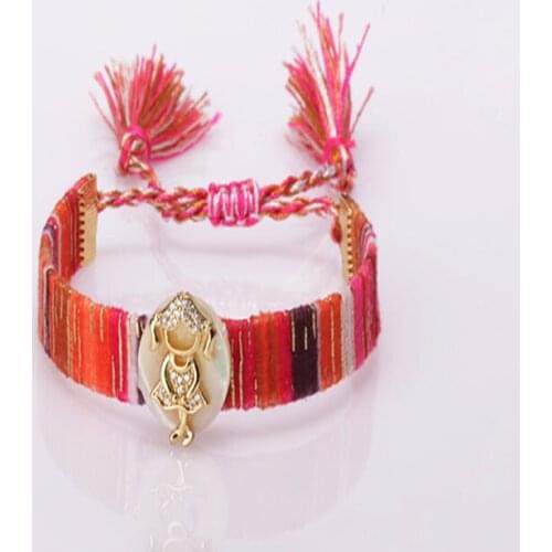 Pave white cubic zircon cz little girl charm shell ethnic boho soft cotton silk tassel wristband adjustable bracelet for woman