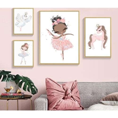 Simple Modern Cartoon Princess Swan Canvas Painting Dance Girl Pony Animal Combination Poster Childrens Room Decor Pictures