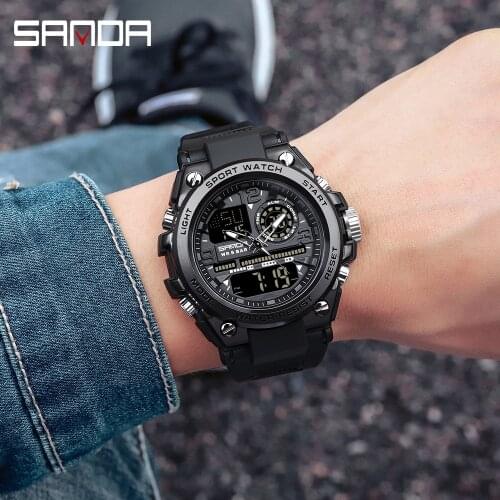 SANDA Top Brand Mens Watches Military Wristwatch Dual Display Men Sports Watches Waterproof Digital Quartz For Men Clock 6024