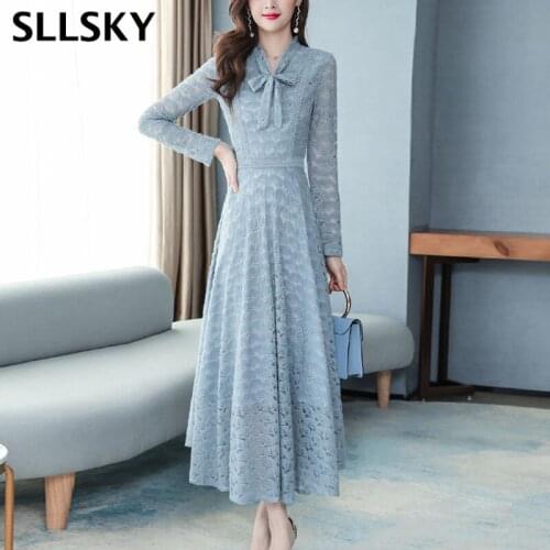 Sllsky Lace cutout dress women Bow tie collar Long sleeve High waist A-line Mid-calf dress Slim Elegant Feminine Casual dress