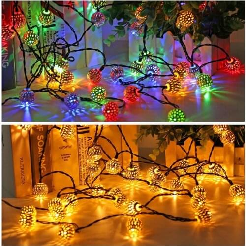 LED Solar Fairy String Light Hollow Moroccan Ball Lamp Waterproof Metal Colorful Lantern Light Outdoor Garden Party Decoration