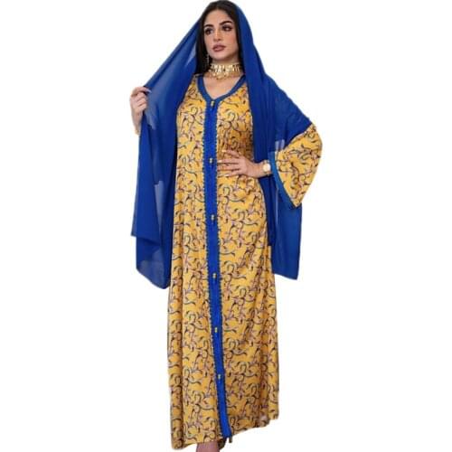 Turkey Muslim Women Abaya Long Dress Printed Ethnic Vintage Ribbon V-neck Casual Ramadan Maxi Robe Islamic Clothing Moroccan New