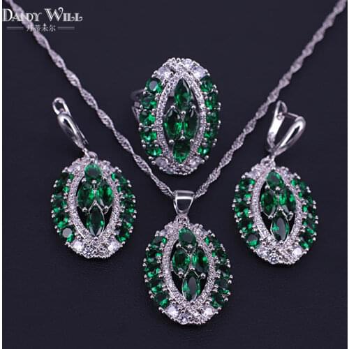 Silver Color Costume Jewelry Sets for Women Green Cubic Zircon Ring Pendant Drop Earrings Wedding Engagement Jewelry