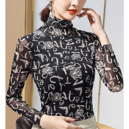 New 2021 Spring Autumn Women Tops Tees Fashion Casual Turtleneck Long Sleeve Mesh T-Shirt Plus Size Print Lady Clothing