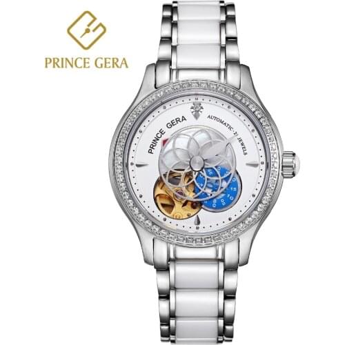 PRINCE GERA Womens Watches Automatic Skeleton Mechanical Watch Flower Pointer Dial Ladies Wristwatches with Ceramic Band new