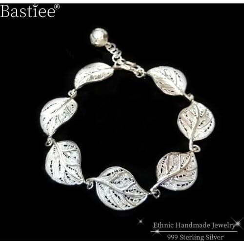 999 Sterling Silver Leaf Charm Bracelet Femme Handmade Luxury Jewelry Boho Ethnic Hand Chain Link Bracelets For Women armband