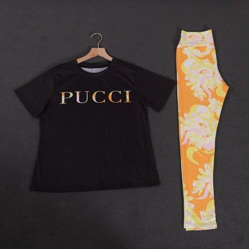 Short Sleeve T-Shirt + Printed Leggings Two Piece Set Women Letter Print Plus Size Tops For Girls High Waist Tights Sports Pants