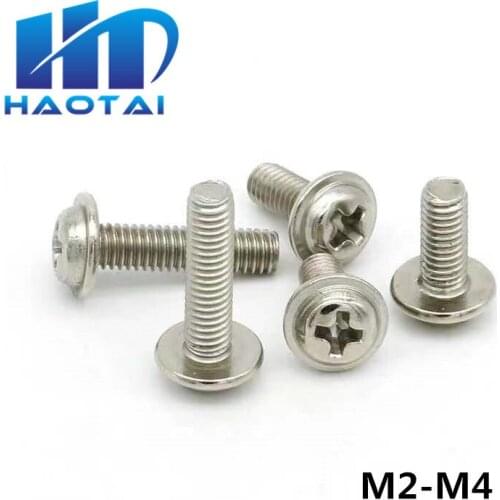 10/50pc M2 M2.5 M3 M4 304 A2 Stainless Steel PWM DIN967 Cross Phillips Pan Round Truss Head With Washer Padded Collar Screw Bolt