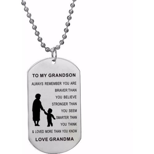 12PC/Lot Family Grandmother Grandma Love Grandson Necklace Gifts Always Remember You Are Braver Stainless Steel Dog Tag Pendants