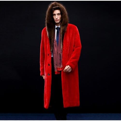 Ftangaiur 2021 Import American black Velvet Mink Fur Coat With Fur Hood Fisher Marten Mink Coats Mens X-Long Real Mink Coats