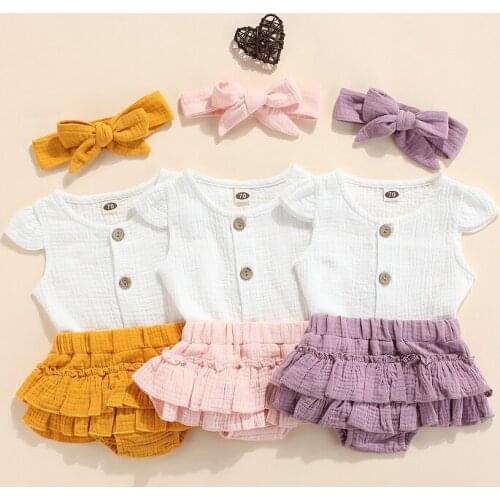 0-24M Cute Newborn Baby Girl Fly Sleeve Cotton T-shirt Tops Layered Skirted Bloomers Shorts Headband 3PCS Baby Clothing Set