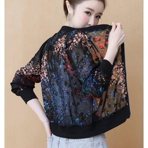 #5649 Chiffon Jacket Women Floral Printed Perspective Summer Jacket Women Hollow Out Sexy Sunscreen Jacket Short Woman Coat Slim
