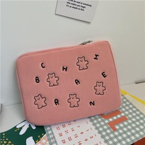 Tablet Case Pouch Bear Embroidered Plush Flat Pad Pink Clutch Storage Bag