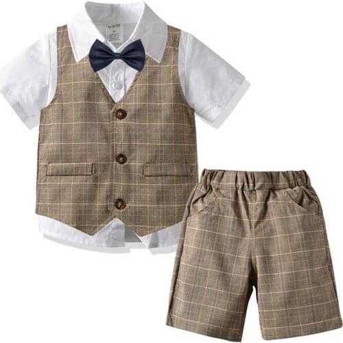 Kids Suit 2020 New Childrens Formal Dresses Baby Boy Bow Tie Short-sleeve Shirt Vest Shorts Gentleman Suit Boys Party Dress Set