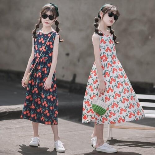 2021 Girl Dress Summer Sleeveless Floral Print Kids Dresses for Girls Cotton Childrens Clothing Beach Princess Dress 4-16Y