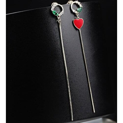 LADYCHIC Elegant Blue Crystal Tassel Dangle Earrings Asymmetric Red Heart Long Chain Drop Earrings Wedding Party Jewelry LE1420