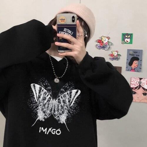 Gothic Streetwear Butterfly Skeleton Pullover Sweatshirt Top Ulzzang Skulls Print HipHop Punk Harajuku Casual Loose Women Hoodie