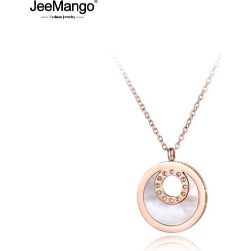 JeeMango AAA Rhinestone Stainless Steel Chokers Necklaces For Women Moon Shape Shell Circle Rose Gold Pendant Necklace JN19044