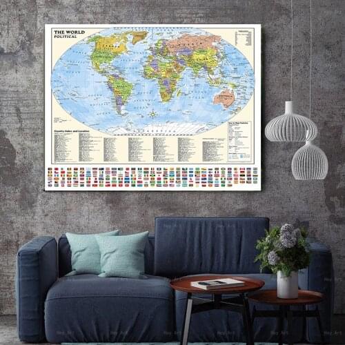 90x90cm The World Map with National Flags Non-woven Canvas painting Wall Art Poster Living Room Home Decoration School Supplies