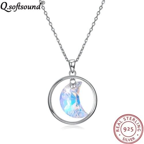Moon Shape Orange Top Crystal 925 Sterling Silver Circle Pendant Necklace Women Silver Necklaces Jewellery Collier Femme QN383