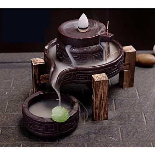 Three-piece Suit Backflow Incense Burner Ceramic Incense Base with Wooden Frame Censer for Home Decor