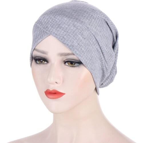 2021 New Ribbed Muslim Underscarf Bonnet For Women Cotton Inner Hijab Cap Female Forehead Cross Islamic Under Scarves Caps