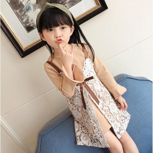 New Spring Autumn Girls Clothes Sets Baby Girl Flare Long Sleeve T shirt Dress and Lace Vest 2 Piece Set Chilren Kids Gifts