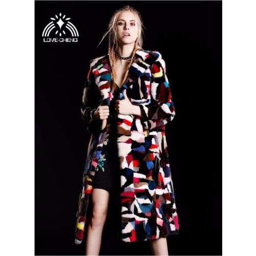 New genuine real natural mink fur coat women x-long multi-color jacket ladies colorful long outwear overcoat for girl