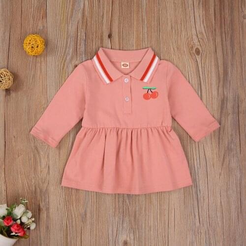 Autumn New Infant Baby Simple Sweet Dress Cherry Print Turn-Down Collar Long Sleeve Button Cotton Dress