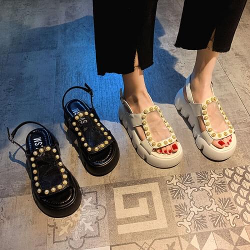Muffins Beads mesh modern sandals women slippers creepers summer platform shoes woman thicken soled pearl sandalias mujer 2021