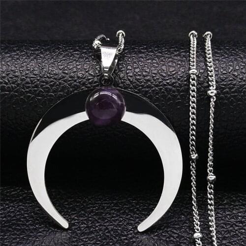 Bohemia Moon Purple Crystal Stainless Steel Charm Necklaces Women Silver Color Necklace Jewelry chaine acier inoxydable N3107S04