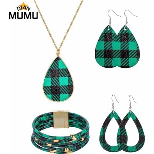 Personalized Cute Green Checkered Beaded Alloy Jewelry Chain Necklace Leather Earring Earring Set Jewelry Wedding Party Ring Set