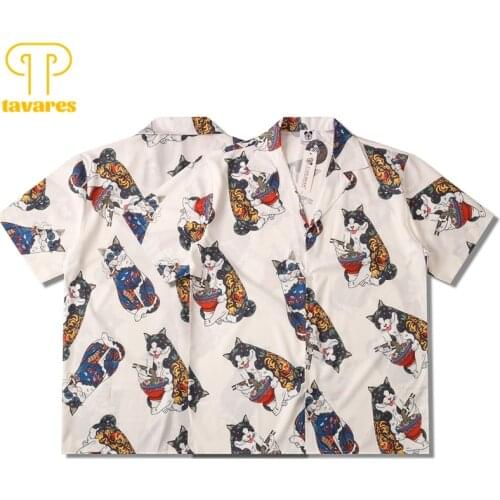 TAVARES Casual Shirts Men Summer Short Sleeve Shirt Women Hawaiian Beach Blouses Cute Funny Cats Oversized Cardigan Streetwear