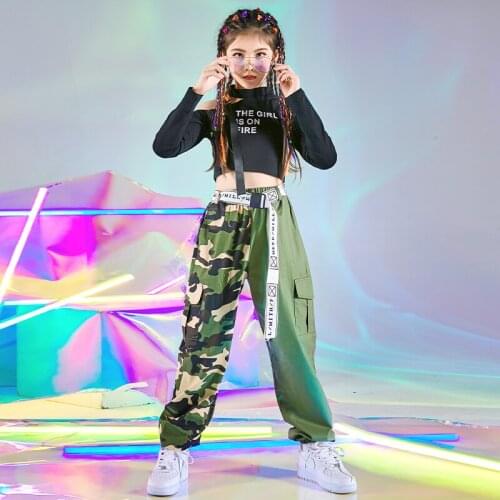 Modern Hip Hop Costume Jazz Practice Wear Crop Tops For Girls Green Camouflage Pants Children Catwalk Sport Rave Suit DNV14549