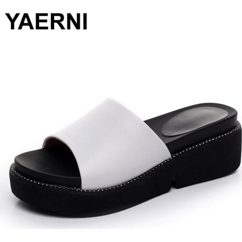 YAERNI Womens Slides Genuine Leather Summer Shoes 2019 Women Shoes Platform Wedges Slippers Outdoor Beach Slides woman