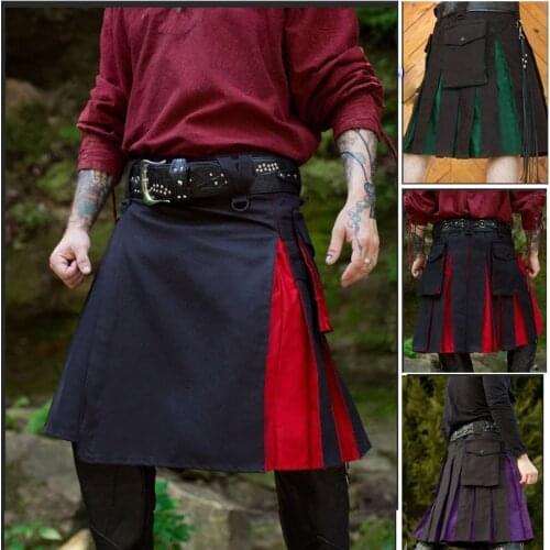 M-3XL Medieval Vintage Midi Pleated Skirt For Adult Men Renaissance Stage costume Male Irregular Colorblock Kilt Skirt Plus Size