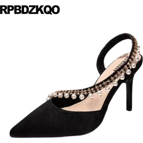 Pearl Stiletto Slingback Rhinestone Crystal Diamond Beaded Wedding Shoes High Heels Pumps Black Celebrity Pointed Toe Royal Blue