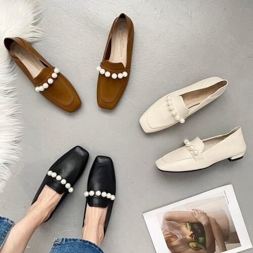 Bailamos Women Shoes 2021 Square Toe British Style Mules Female Footwear Low Heels All-Match Pearl Decorateion Sandals Flats Sho