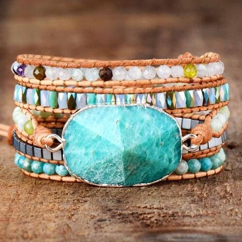 Womens Wrap Bracelet Amazonite Crystal 5 Times Leather Strap Bracelets Multilayers Statement Punk Bracelet Dropship